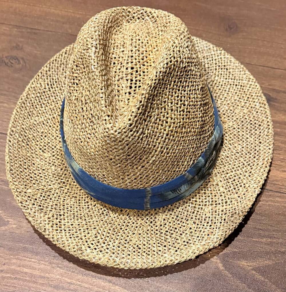 Panama Jack Straw Fedora Sun Hat with Blue Printed Fabric Band Size L/XL
